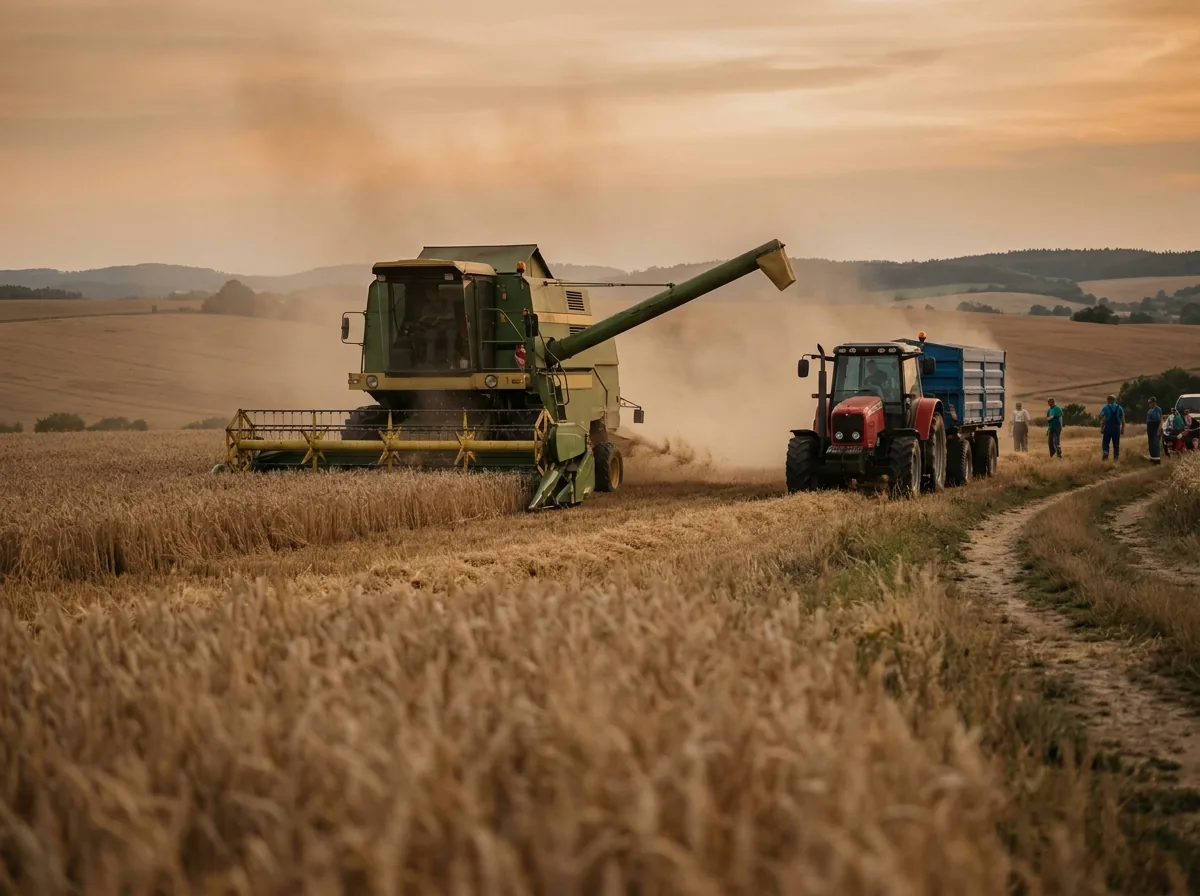 Sklízecí mlátička při sklizni pšenice, vedle čeká traktor s návěsem