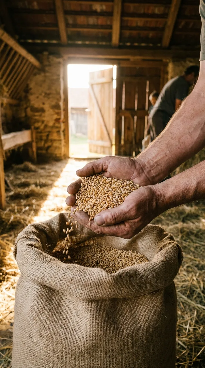 Farmářovy ruce kontrolují osivo pšenice v pytli ve stodole