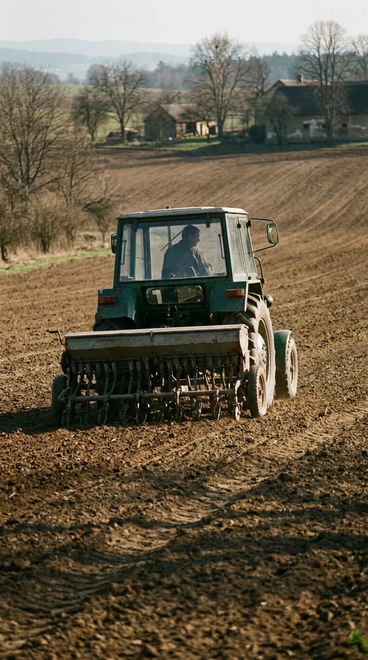 Zelený traktor se secím strojem seje na jarním poli při nízkém slunci