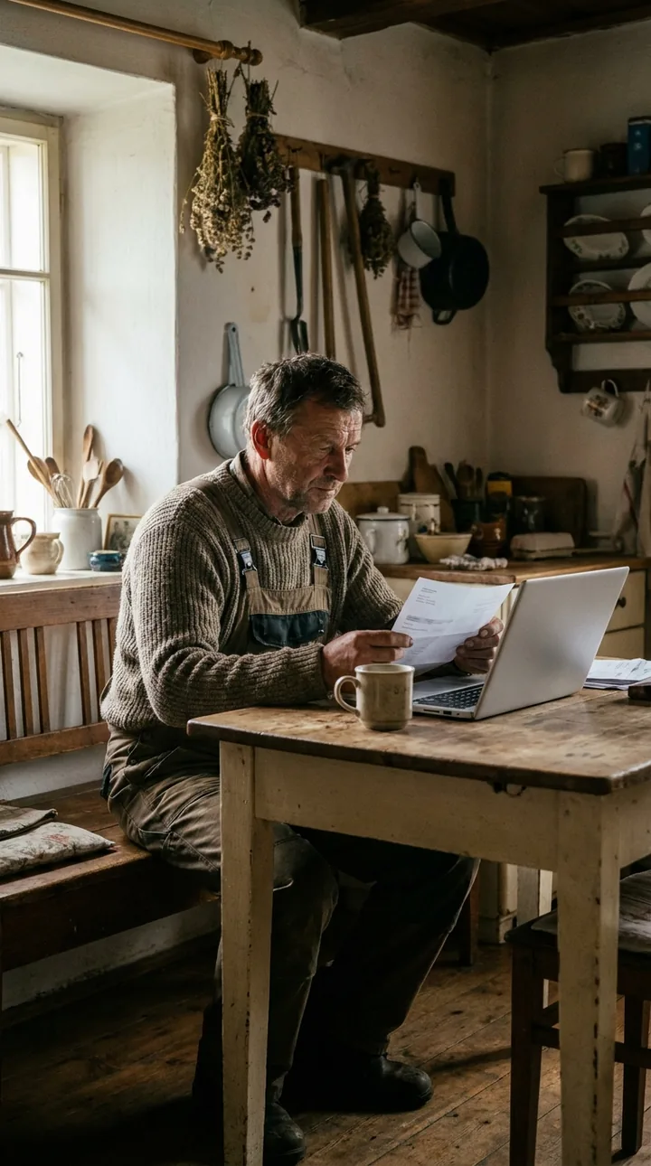 Farmář u kuchyňského stolu s notebookem a fakturami plánuje sezónu