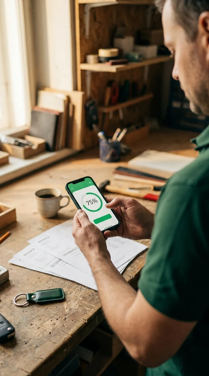 Truhlář v dílně drží telefon s orientační nabídkou, na ponku leží faktury a klíčky