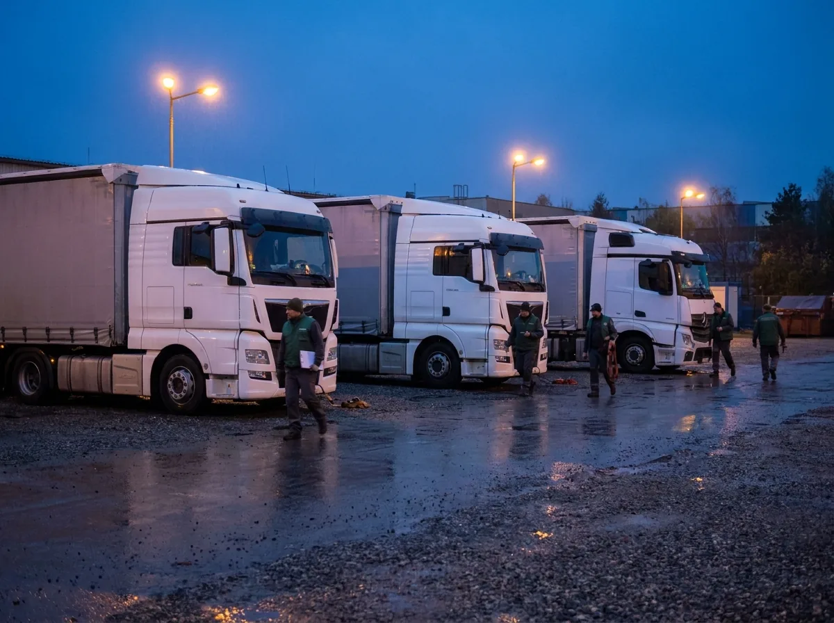 Tři bílé tahače s návěsy v řadě na dvoře logistického depa v modré hodince